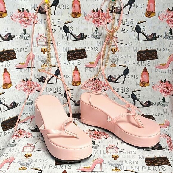 Strappy Pink Wedge Sandals - Picture 3 of 5